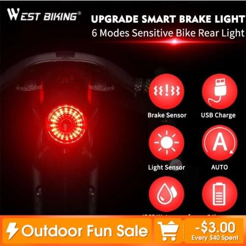 WEST BIKING Bicycle Rear Light Smart Auto Brake Sensing Light USB Charge LED Cycling Taillight IPx6 Waterproof Bike Accessories