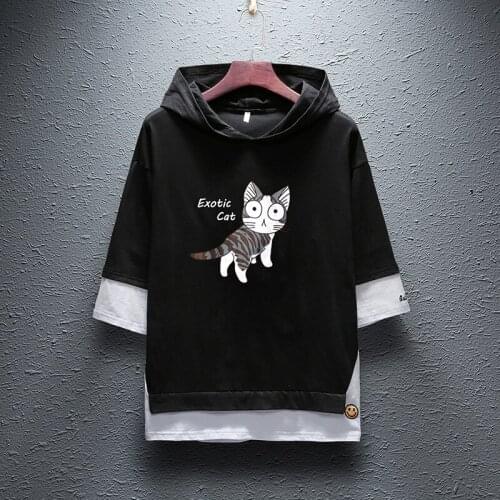 Mens Hooded Short Sleeve T-Shirt Summer Cropped Sleeve Loose Clothes streetwear t shirt men