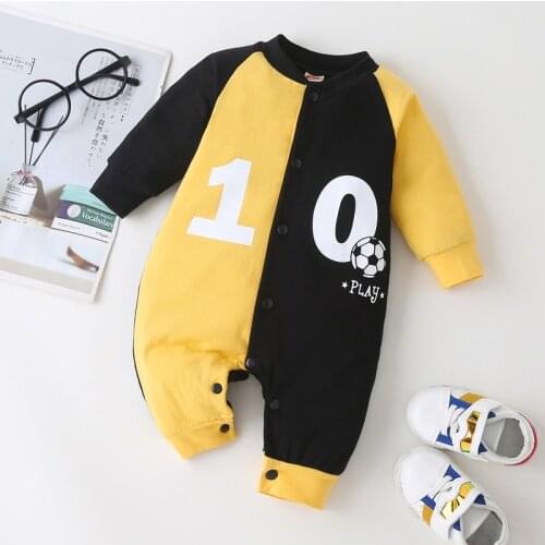 Cotton Baby Boy Romper Letter Football Patchwork Single Breasted Long Sleeve Baby Jumpsuit Sport Casual Baby Boy Clothes 0-18M