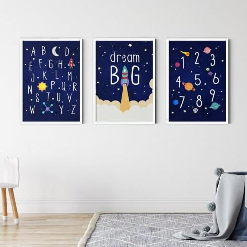 Space Planet Rocket Cartoon Number Alphabet Nursery Wall Art Canvas Painting Nordic Poster and Print Pictures Kids Room Decor