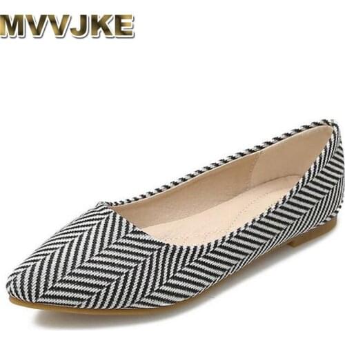 MVVJKE Slip On Flats Women Cloth Shoes Large Size Loafers Pointed Toe Shallow Single Office Lady Espadrilles Sweet Stripe Zapato