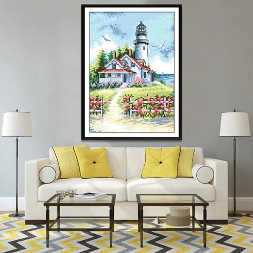 Stamped Cross Stitch Kits Patterns Embroidery Needlepoint Kit - Seaside Lighthouse without Frame