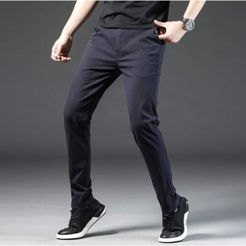 QNQPYX New Summer Mens Casual Pants Men Trousers Male Brand Pant Slim Fitness Work Elastic Waist Light Thin Cool Trousers Male