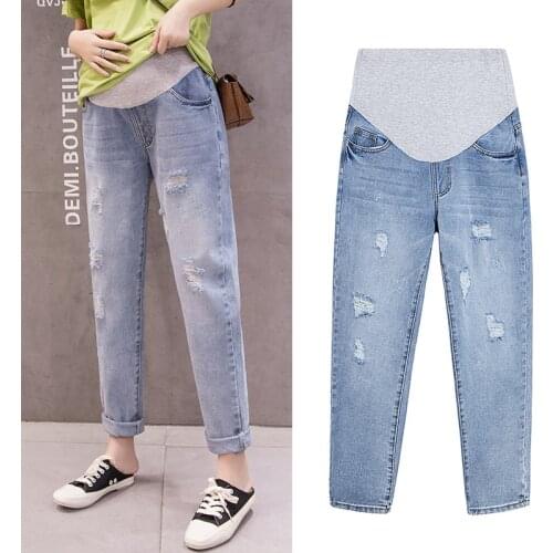New Spring Denim Maternity Jeans Ripped Hole Washed Elastic Waist Pants for Pregnant Women Casual Loose Pregnancy Trousers