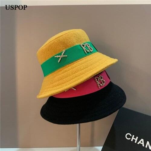 USPOP Winter Hats Women 100% Wool Bucket Hats Crystal Letter Bucket Hat Color Blocking Panama Hats Caps