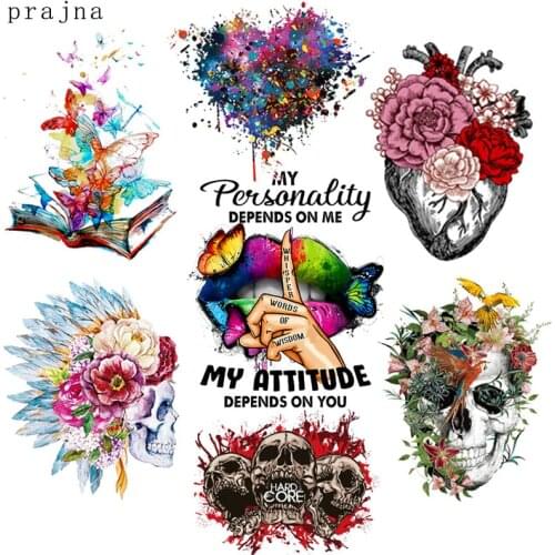 Punk Skull Heart Iron-on Transfers For Clothing Butterfly Lips Stickers Heat Thermal Transfer For Clothes T-shirt Washable Appli