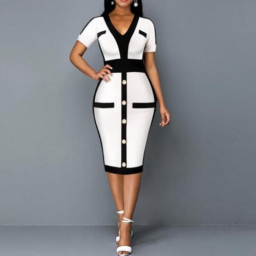 OTEN Casual Contrast Color OL Mini Bodycon Dress for Women Vintage Small Fragrant Style Short Sleeve V Neck Buttons Dresses