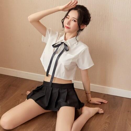 Sexy Lingerie Feminine Perspective Student Uniform Shirt Polka Dot Collar Rope Uniform Exposed Waist Temptation Pleated Skirt