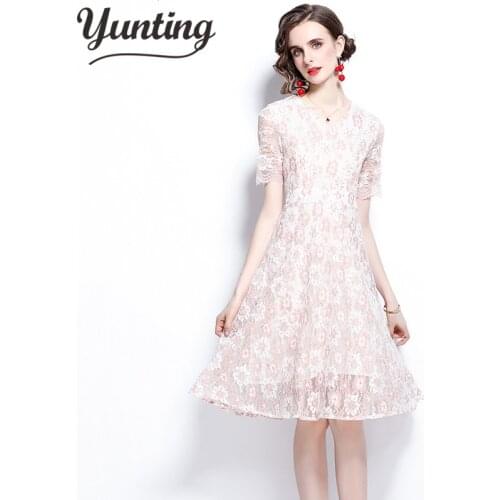 Sexy V-Neck Hollow Out Lace Pink Dress 2021 Summer New Short-Sleeve Solid Women Casual Fashion A-Line Party Vestidos