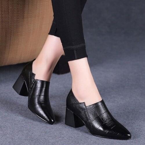 Pointed Toe Mid Heels Women Autumn Single Shoes Woman Soft PU Leather Shoe Square Heel Female Korea Style Side Zip Black
