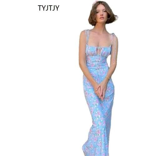 TYJTJY Floral Print Cottagecore Elegant Sleeveless Maxi Sundress Sexy Backless Women Party Club Tie Front Dress Holiday
