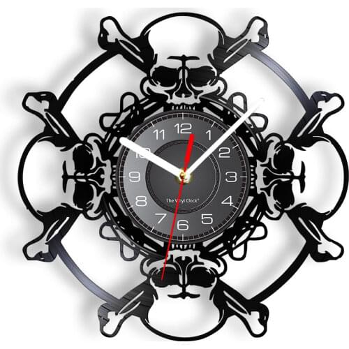 Skull Head Vinyl Record Wall Clock Aged Skeleton Head Wall Clock Skeleton Vampire Men Halloween Decor Wall Hanging Clock Watch