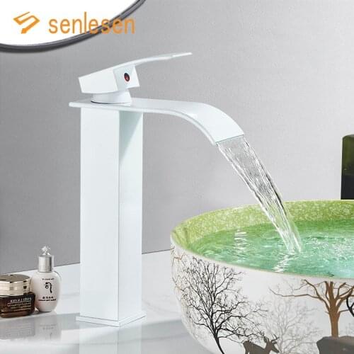 Senlesen Tall Basin Faucet Bathroom Waterfall Spout Tap White Sink Mixer Tap Deck Mounted Hot and Cold Water Faucet