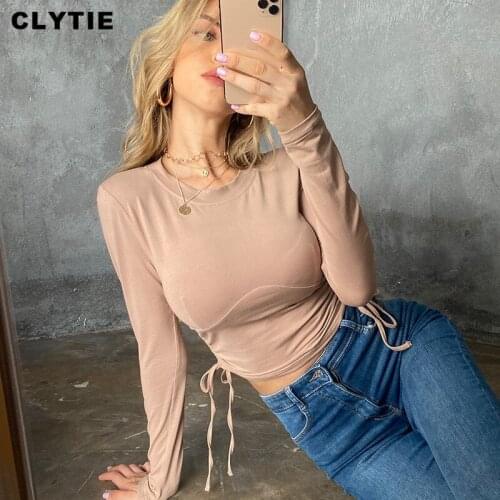 Clytie New Spring Drawstring T Shirt Women Long Sleeve Casual Bodycon Ladies Ruched Streetwear Autumn Top
