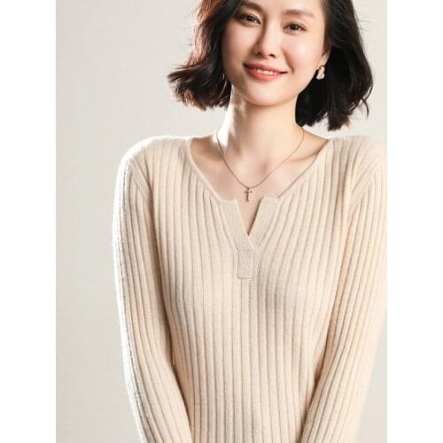 Womens Sweaters and Pullovers 100% Wool Cashmere Knitted Soft Warm Jumpers Female New V-Neck Elasticty Sweater Pull Femme