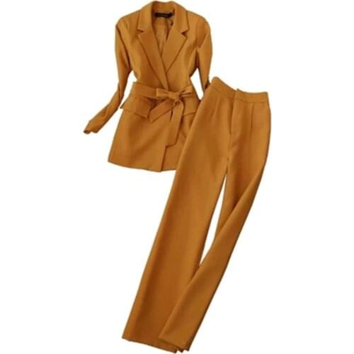 Spring and autumn new fashion suit female ladies temperament belt suit high waist straight trousers Two-piece pant suit women