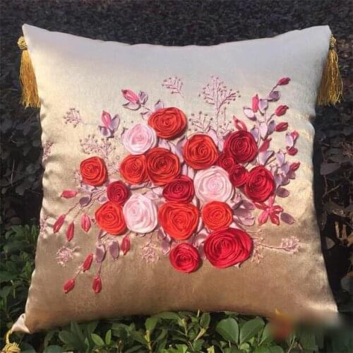 1pcs 42x42cm blue red flower happy tree Ribbon embroidery kit pillow cover set handcraft DIY handmade needlework art home decor