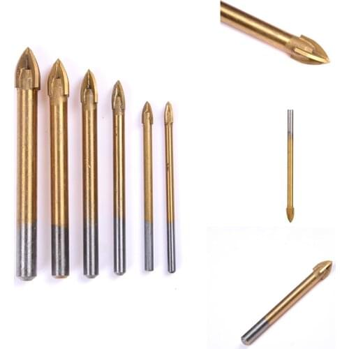 1Pc Titanium Coated Glass Drill Bits Set Cutting Edges Cross Spear Head Drill with Hex Shank for Ceramic Tile Marble Mirror