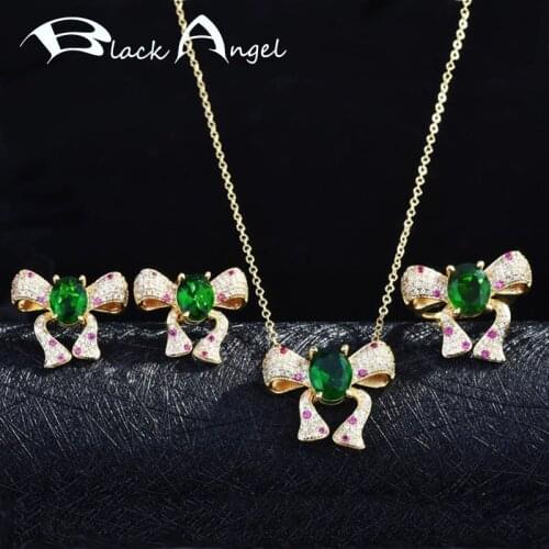 BLACK ANGEL Luxury Imitation Emerald Bowknot Jewelry Set for Women Adjustable Ring Bride Earrings Elegant Bow Pendant Necklace