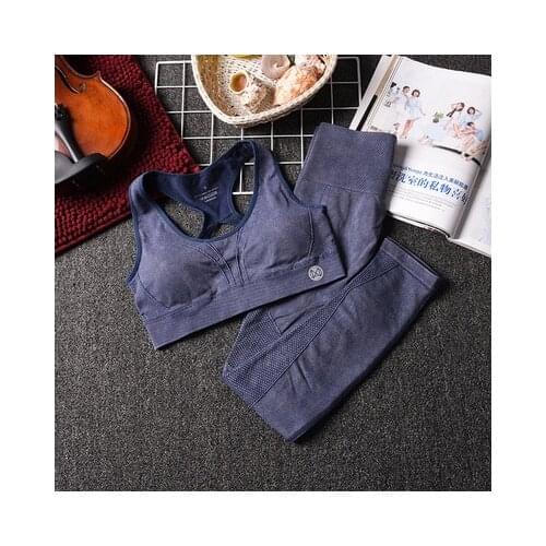 Denim Quakeproof Yoga Suit Quick Dry Women Fitness Clothing Sportswear Woman Gym Leggings Yoga Pant Breathable Suit Sports Bra