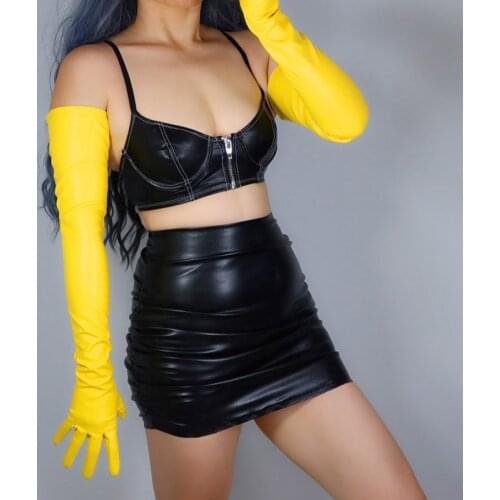 Extra Long Leather Gloves Female 70cm Faux Leather Emulation Sheepskin Banana Yellow Women Gloves Party Evening WPU293
