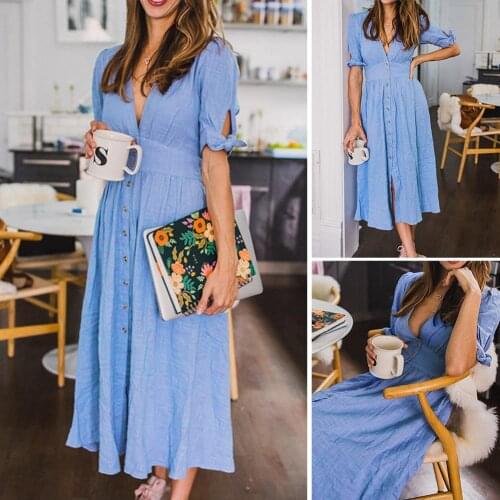 Elegant Women Summer Fashion Solid Color Deep V Neck Tied Half Sleeve Button Party Long Dress
