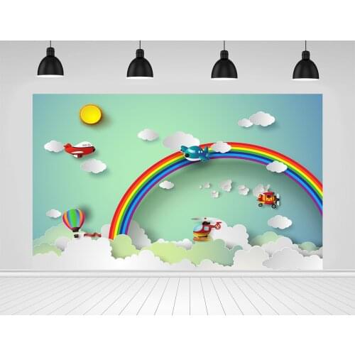 Scopiso Rainbow Backdrop Blue Sky White Clouds Aircraft Baby Shower Birthday Party Photography Background Photo Studio Props