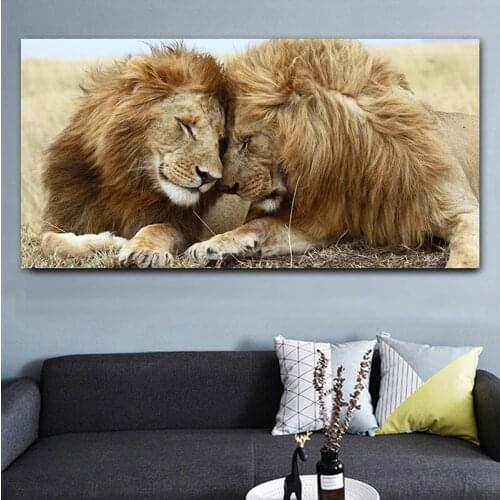 African Brotherly Love Two Adult Male Lions Canvas Painting Wild Animal Posters and Prints Wall Art Pictures For Living Room