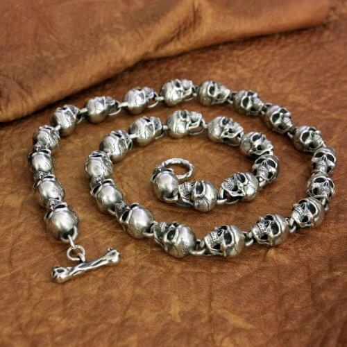 Mens Biker Rock Punk Necklace 925 Sterling Silver Huge Skulls Chain TA175N