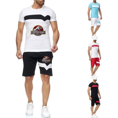 2021 Jurassic Park Summer 100% Cotton Mens Sportswear Set Short Sleeve Breathable T-Shirt Casual Wear Basketball Training Suit