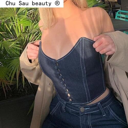 New Fashion Women Summer Blue Demin Tube Top Sexy Chic Sleeveless Deep V-neck Tank Tops Femlae Streetwear