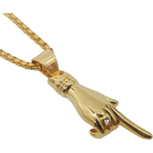 2019 New 316L Stainless steel Gold color hand pendant CZ stone decorated hand necklace hip hop rapper necklace jewelry CARA0244