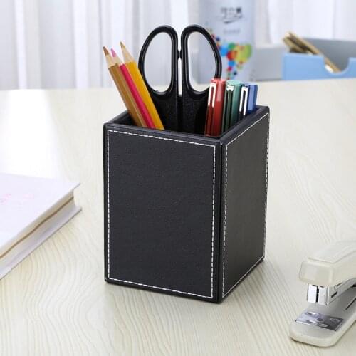 Multi Colors PU Leather Square Pens Pencils Holder Cup Desktop Stationery Organizer Case Office Accessories Container Box