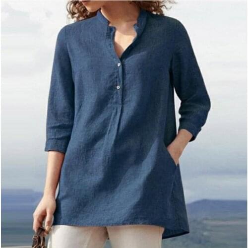 Shirt Blouse 2020 new Casual Solid Pockets Cotton Linen Summer Women 3/4 Sleeve shirt Retro Elegant Female Party Vestidos 5XL