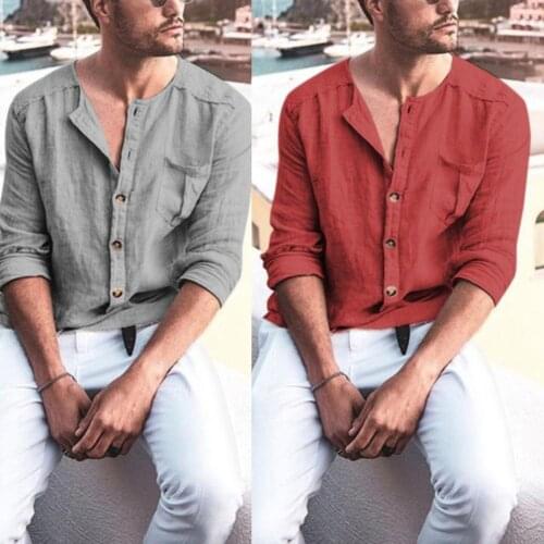 Casual Men shirt 2020 New Men Solid Color Button Down Long Sleeve Cotton Linen Loose Shirt Blouse Top Streetwear