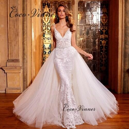 Sexy Backless Lace Mermaid Wedding Dress With Detachable Tail Quality Lace Appliques Beaded 2021 Wedding Dresses W0897