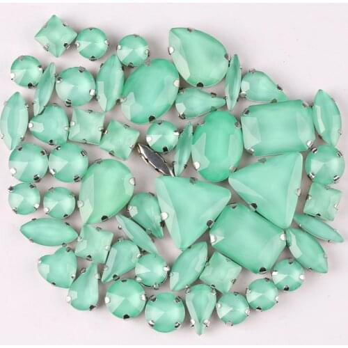 Silver claw settings 50pcs/bag shapes mix jelly candy Peridot glass crystal sew on rhinestone for garment shoes bags diy