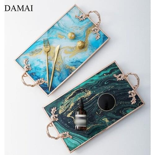 Nordic Modern Gold Inlay Trays Decorative Agate Texture Iron Frame Jewelry Storage Tray Plating Color Printing Craft Ornaments