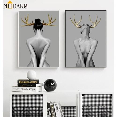 Modern Canvas Art Posters and Prints Nordic Wall Art Painting Antler Girl Portrait Picture Decorative for Living Room Home Decor