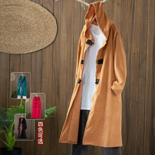 Corduroy Plus Size Solid Vintage Hooded Trench Coat Women Casual Loose Long Clothes Spring Autumn Windbreaker Female Cardigan