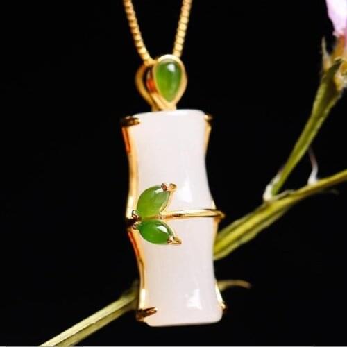 S925 Silver Inlay Natural Hetian Jade Vintage Bamboo BBK Pendant Womens Jade Pendant Necklace Multiple Options