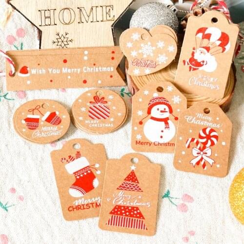 48/50Pcs Merry Christmas Paper Gift Tag Label Snowman Deer Santa Claus Wrapping Paper Hanging Tags With Rope Xmas Party Supplies
