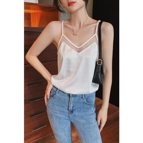 Womens Summer Sexy Patchwork Casual Off Shoulder Tank Shirt Beach Vest Tank Camisole Tops 2021 girly mesh v neck sling top