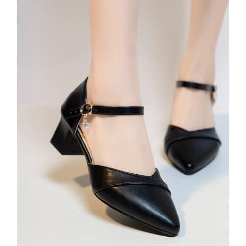 2021 New Summer Elegant High-heeled Thick-heeled Pointed Shallow Buckle Hollow Womens Sandals