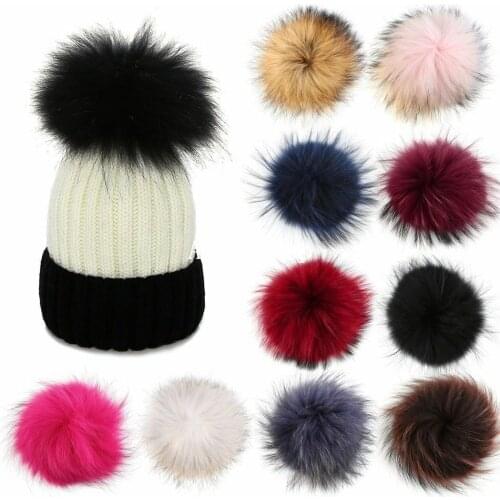 DIY Women Faux Raccoon Fur Pom Poms Ball for Knitting Beanie Hats Accessories Soft Hat Decoration with Buckle Hairball
