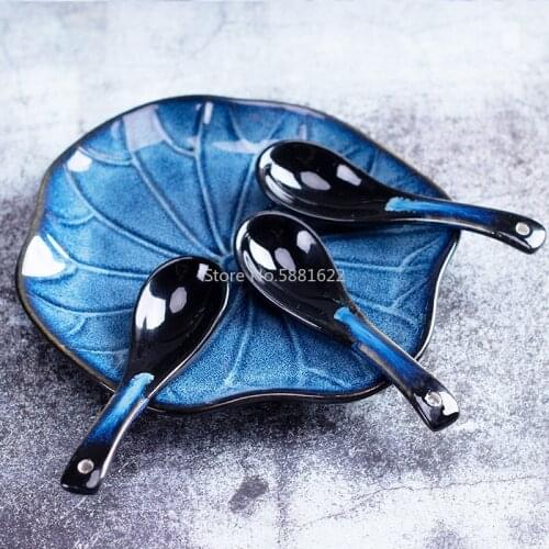 1 pcs Japanese Blue Black Ceramic Spoon Kiln Change Long Handle Soup Spoon Coffee Milk Stirring Spoon Household Tableware