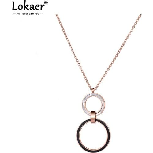 Lokaer Stainless Still Necklace Double Circle Black And White Shell Pendant Sweater Chain Rose Gold Color Jewelry N18246