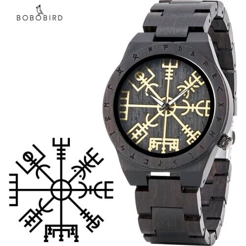 Zegarek meski BOBOBIRD Vegvisir Wooden Watch Men Wristwatches Compass Holder Luminous Hand In Gift Box Support Dropshipping