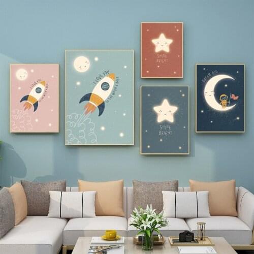 Baby Nursery Canvas Painting Poster Cartoon Rocket Moon Star Wall Print Minimalist Picture Nordic Kid Bedroom Decor
