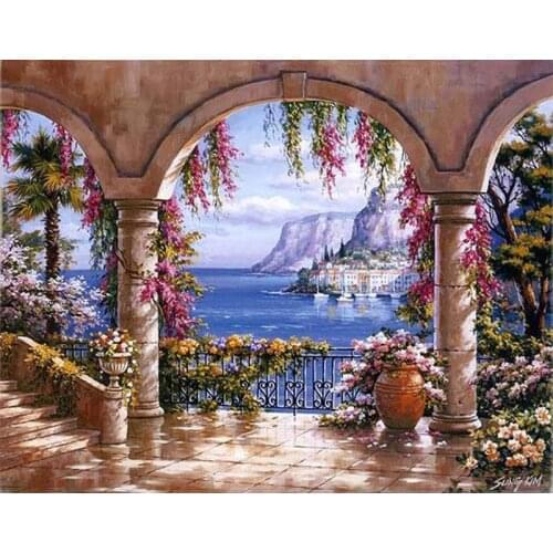 Painting By Numbers DIY Dropshipping 50x65 60x75cm Seaside flower pavilion Landscape Canvas Wedding Decoration Art picture Gift